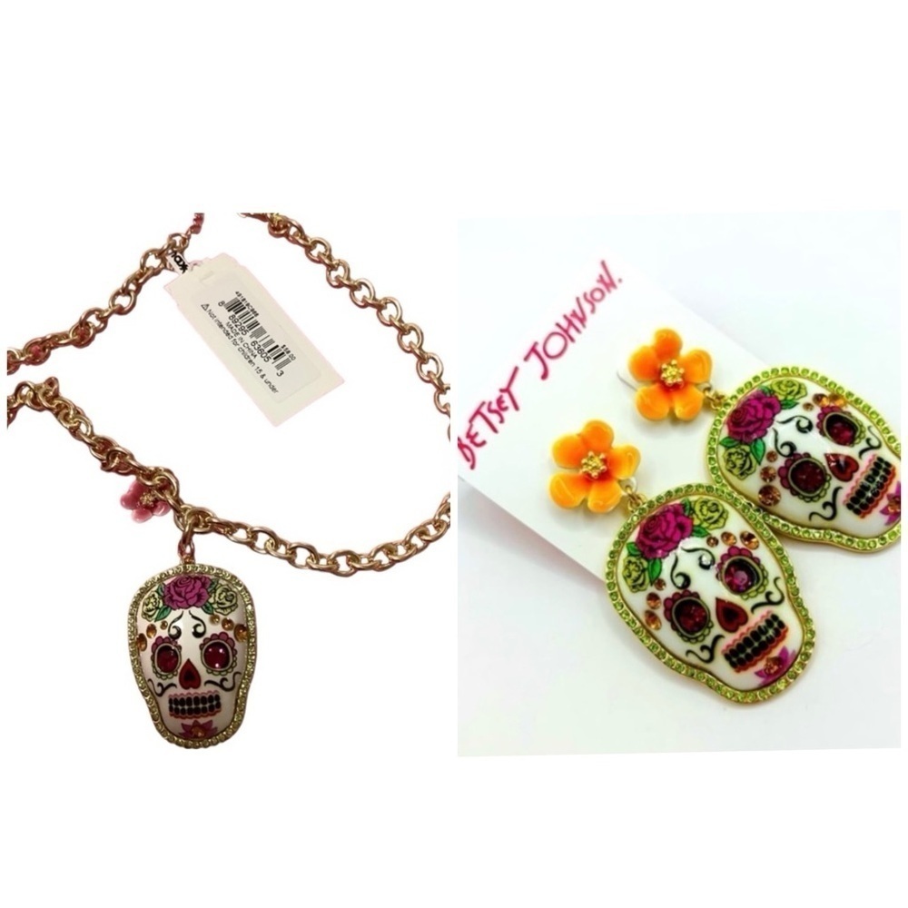 BETSEY JOHNSON SET Mexican Sugar Skull Dia de los Muertos Earrings Necklace NWT